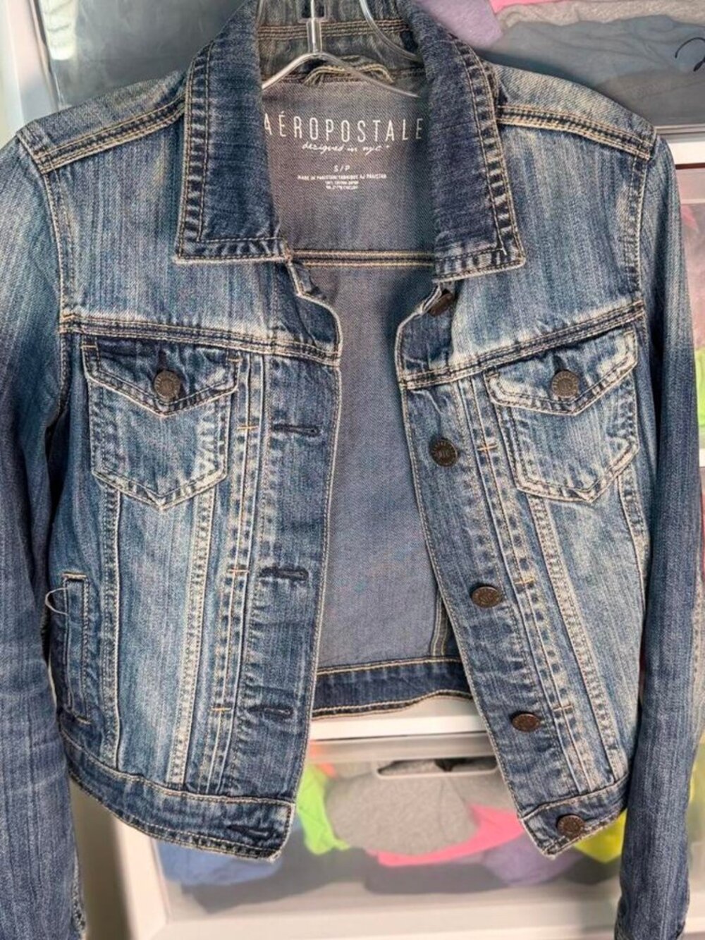 Y2K Cropped Denim Jacket Medium Wash Fitted Whiskered Faded Grunge Petite Size S